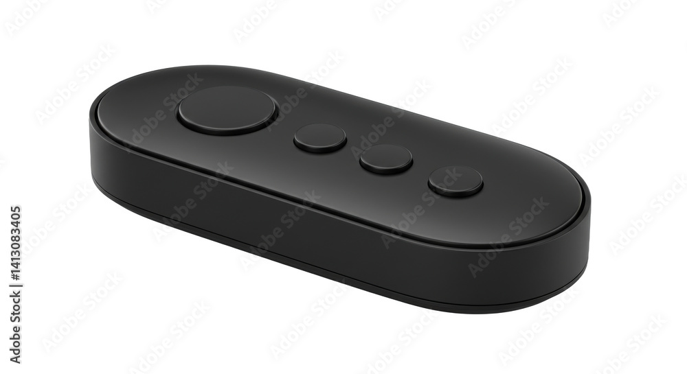 Poster a close up shot of a small black electronic device with three buttons on a black background surface 