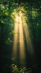 Obraz premium Ethereal Sunlight Filtering Through Verdant Canopy in a Mystical Forest