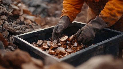 Mining laborer placing ore into a sorting bin at an excavation site. Featuring sorting and manual labor