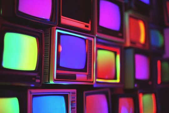 Colorful CRT glitch backdrop with vibrant neon hues illuminating retro television sets, 4k Colorful CRT Glitch Background