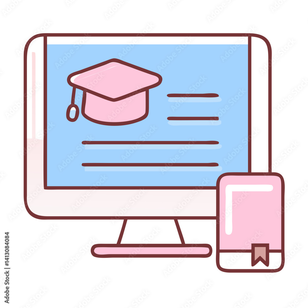 Aufkleber online learning icon with computer and book in minimal style