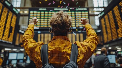 Happy Investor Celebrating Success in Stock Market with Confetti