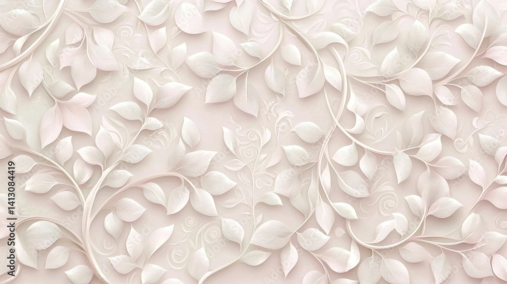 Poster a detailed pattern of white leaves intertwines on a soft background, creating an elegant and serene 