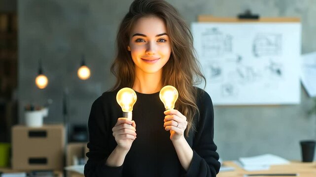 A woman with a confident stance holds two light bulbs in her hands, standing near a wooden desk, with sketches and plans scattered in the background