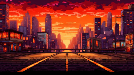 Fototapeta premium Retro Pixel Art Cityscape at Sunset with Orange Sky and High Rises Along Empty Street and Road in Evening