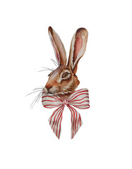 Watercolor rabbit portrait with striped bow. Cute bunny head illustration.