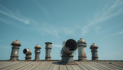 Naklejka premium Industrial Chimneys on Metal Roof Against Blue Sky Background