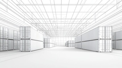 Fototapeta premium Interior of a warehouse, empty white containers, architectural design