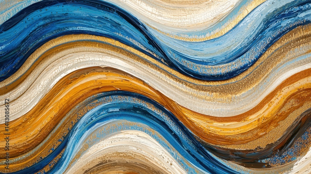 Poster swirling patterns of blue, gold, and beige flow elegantly across the canvas, creating a sense of mot