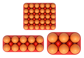 Plastic trays filled with neatly stacked brown eggs, isolated on white transparent background. Concept of egg variety and food industry