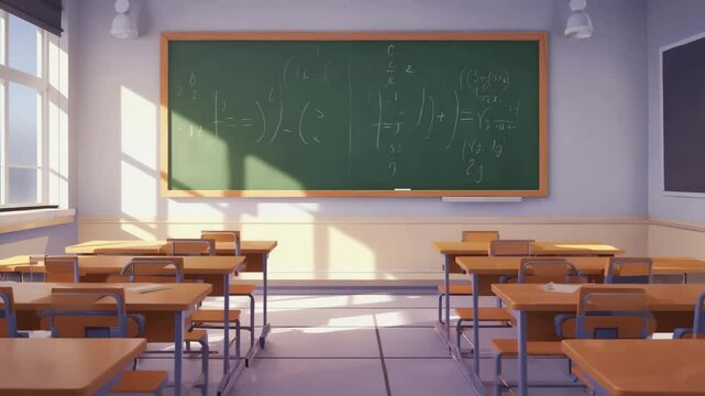 Empty classroom with desks and blackboard in an anime style