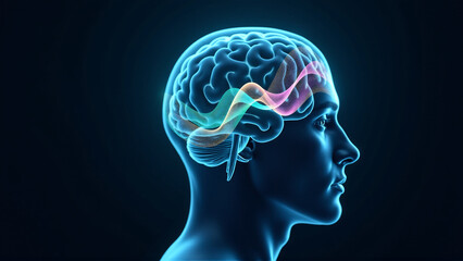 Obraz premium Conceptual Double Exposure: Human Brain Merged with Abstract Quantum Wave Function