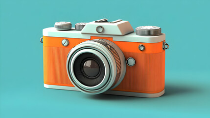 Retro Pixelated Camera With Orange Body and Blue Background Rendered in Detailed Still Life Style