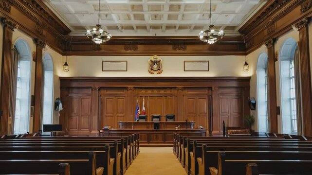 Empty courtroom with wooden benches and judge's bench