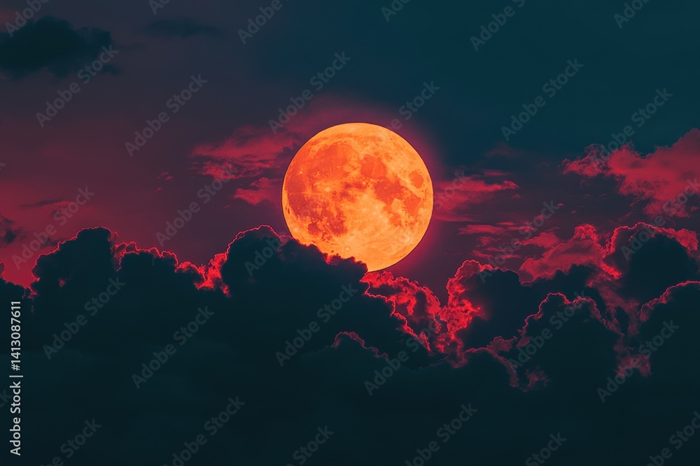 Poster full moon obscured by dark clouds creates a mysterious atmosphere in the night sky, full moon covere