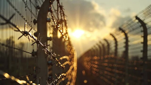 Sunset Through Barbed Wire Fence: A poignant image of confinement and freedom's longing.