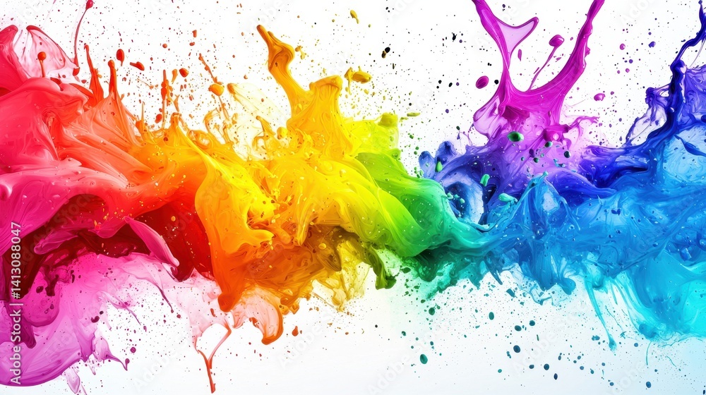 Poster bright liquid paint in rainbow colors splashes and swirls dramatically across a white canvas. the vi