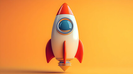Rocket Ship Launching into Space in Orange Background a Metaphor for Startup Business and Innovation