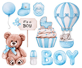 Watercolor Blue Teddy Bear Clipart Set