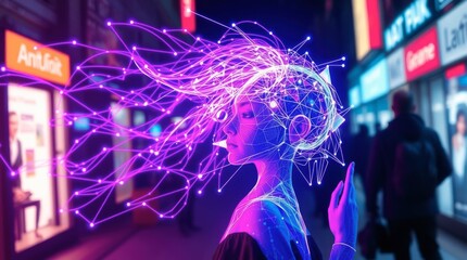 Obraz premium Cyberpunk Woman: Neon Cityscape and Glowing Energy