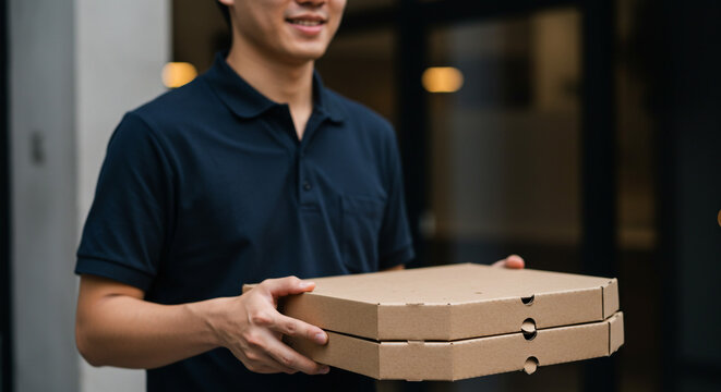 Smiling delivery man holding two pizza boxes fast service evening delivery warm lighting