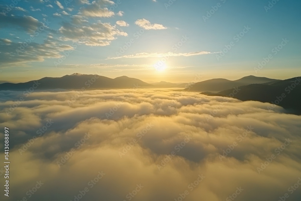 Poster timelapse of clouds and dense fog inversions at sunrise over mountainous terrain, vertical timelapse