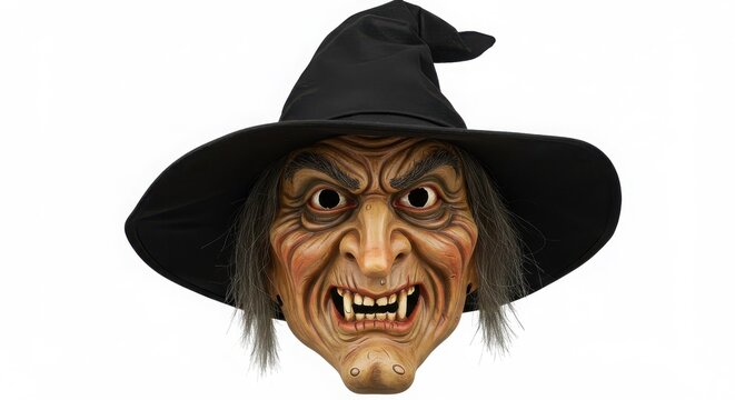 Scary witch mask with a black hat and evil expression on a white background with copy space
