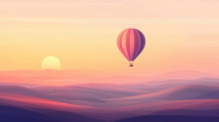 Fototapeta premium A vibrant hot air balloon ascends gracefully over rolling hills as the sun rises, casting warm light over the vast landscape filled with soft pastel colors