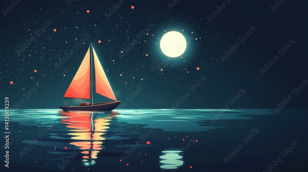 Poster a tranquil scene features a sailboat navigating the serene waters at night, illuminated by the glow 
