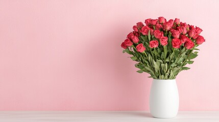 Fototapeta premium Red rose bouquet pink background romantic floral photography valentine anniversary