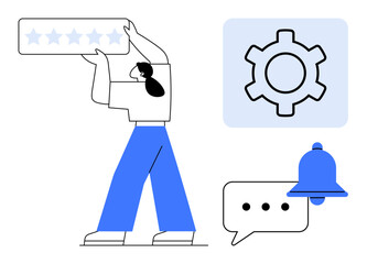 Person holding star rating above head, cogwheel for settings, speech bubble, and notification bell. Ideal for feedback systems, app interfaces, user experience, customer reviews, notifications