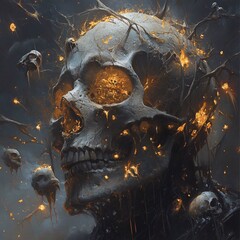 Dark and Haunting Skull Adorned With Flames and Cracks in a Mysterious, Shadowy Landscape