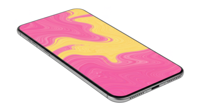 Closeup of a smartphone with a pink and yellow abstract design on the screen diagonally placed