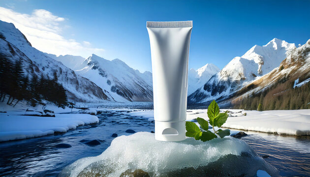  white cream tube placed on an icy standy
