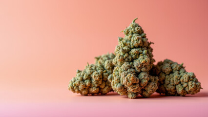 A stack of THC buds with a purple background highlighting the flower's potency.