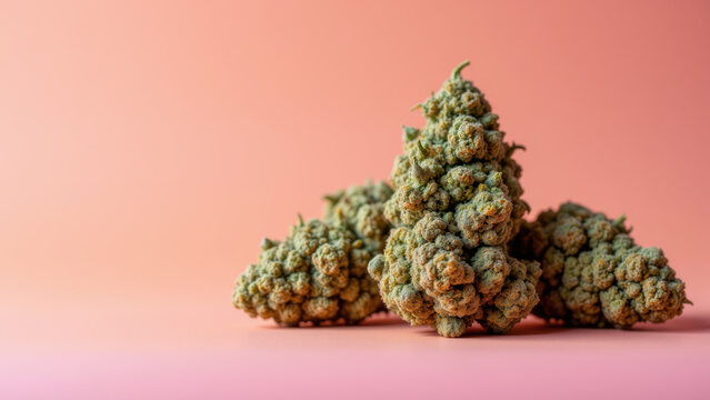 A stack of THC buds with a purple background highlighting the flower's potency.
