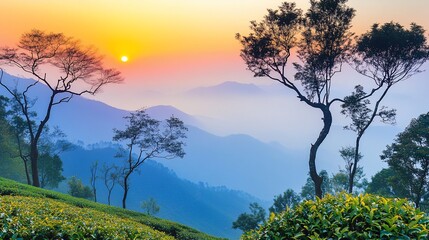 Obraz premium Sunrise over tea plantation hills