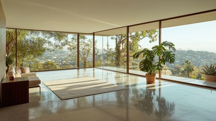 Fototapeta premium Bright and airy living area features large glass windows overlooking a lush Los Angeles landscape. Sunlight floods the space, highlighting the minimalist decor and greenery