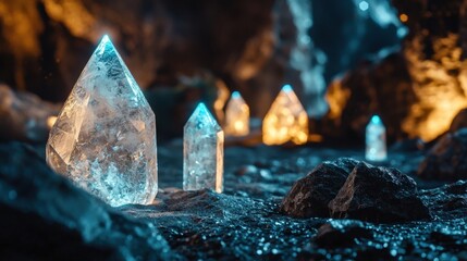 Large crystal formations are scattered throughout a dimly lit cave, reflecting light in striking shades of blue and orange. The rocky terrain adds to the enchanting ambiance