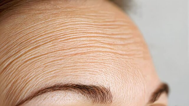 Close up of prominent wrinkles on a woman's forehead, highlighting the natural aging process of skin and the formation of deep lines over time