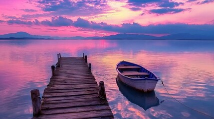 Obraz premium A tranquil lakeside view captures a small blue and white boat gently floating beside an old wooden dock. The sunset casts vibrant hues of purple and pink across the calm water