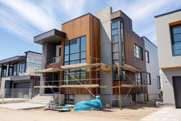 A modern home is being built, featuring wood cladding and concrete accents on the exterior walls.