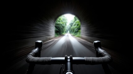 Cyclist riding through forest tunnel with motion blur and glowing sunlight ahead, adventure, health, and environmental transportation theme, copyspace for text - Natural Adventure