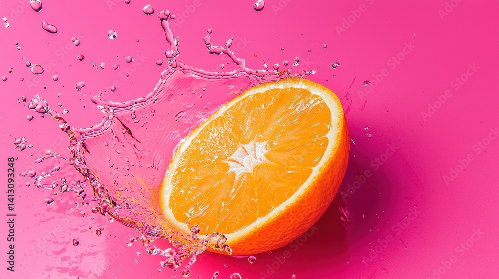 Poster a bright orange slice is captured as it splashes into clear water, creating dynamic droplets against