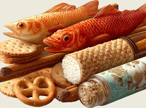 Assorted snack shapes including pretzels and bread cutouts - Powered by Adobe