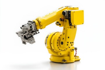 Industrial yellow robot arm on white for precision manufacturing and control  
