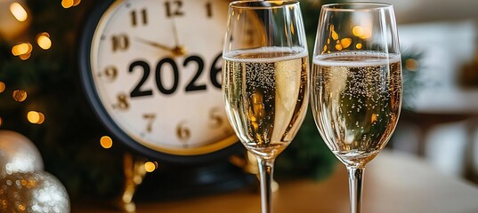 The scene is festive and celebratory, with the champagne, New Year's Eve celebration banner with champagne glasses and a clock for 2026