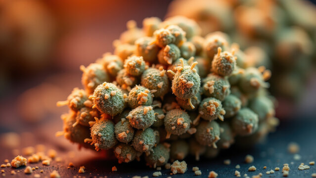 Close-up of crystalline structure of THCA, a precursor to THC, with other small crystals surrounding it on a dark surface.