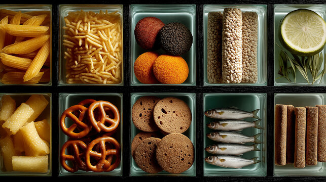 Assorted snack shapes including pretzels and bread cutouts