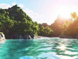 Untouched island with dense jungle, crystal-clear turquoise water surrounding it, bright sun overhead, completely wild and untouched by humans
